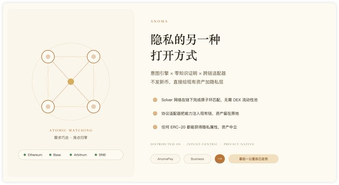 A website screenshot for ANOMA featuring 'ATOMIC MATCHING' with a geometric diagram, Chinese text reading '隐私的另一一种打开方式' (Another way to open privacy), and explanations of Solver networks and privacy features for Ethereum, Base, Arbitrum, and BNB.