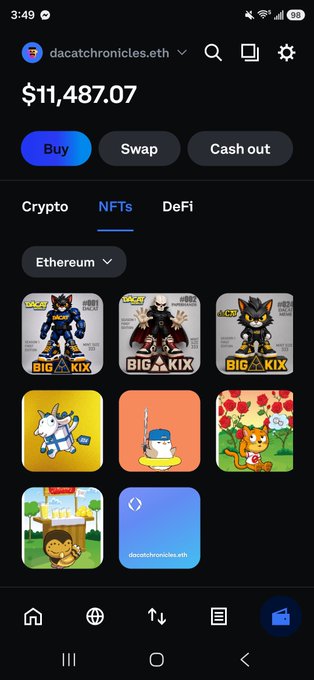 A screenshot of a crypto wallet app (datcatchronicles.eth) showing a balance of $11,487.07 with various NFT collectibles and cat-themed tokens displayed under the NFTs tab.