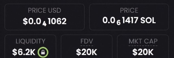 The image displays a token metrics panel with a USD price of $0.041062, 0.061417 SOL, $6.2K liquidity (locked), and an FDV/MKT CAP of $20K each. These figures illustrate the extremely low starting valuation of the meme coin described in the post, highlighting the ambitious goal of running it from sub-$30K market cap to over $100M on the Solana blockchain.