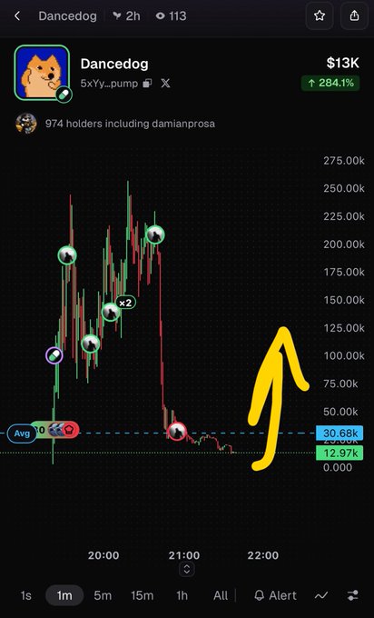 A crypto trading chart showing a token called "Dancedog" with the contract address 5xYy...pump, displaying a 284.1% gain and a dramatic price spike followed by a crash.