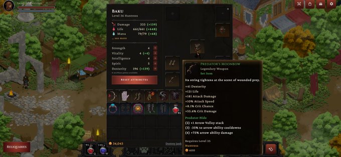A screenshot from the video game "Heroes of Hammerwatch" displays a character inventory screen for "BAKU Level 35 Huntress," highlighting an equipped weapon called "PREDATOR'S MOONBOW."