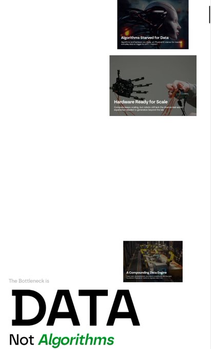An infographic titled 'The Bottleneck is DATA Not Algorithms' featuring thumbnail images about 'Algorithms Starved for Data' and 'Hardware Ready for Scale' related to AI development.