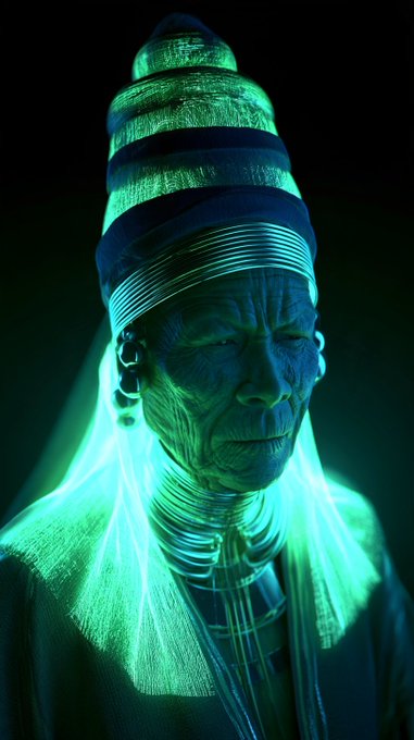 A dramatic portrait of an elderly woman with traditional African neck rings and a tall, striped headdress, illuminated by striking teal/cyan lighting against a dark background.