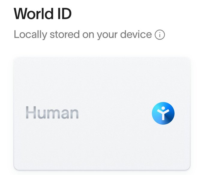 A digital interface displays a "World ID" credential labeled "Human" with a blue circular icon showing a stylized person with raised arms.