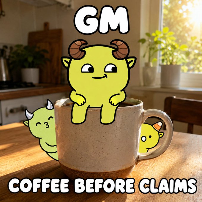 Cute cartoon meme featuring yellow horned creatures in a coffee mug with text 'GM COFFEE BEFORE CLAIMS'.