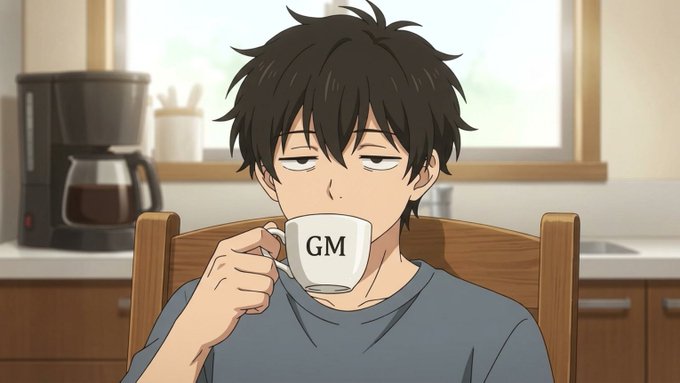 The image features a man sitting at a kitchen table, holding a coffee cup with "G" written on it. The background shows a kitchen setting with various appliances such as a sink, microwave, and coffee maker. There are also some knives visible in the scene.