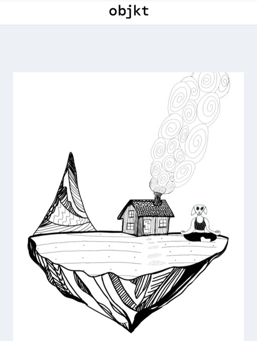 Same as previous: a zen black and white illustration showing a dog meditating next to a smoking cabin on a floating landmass, captioned 'objkt'.