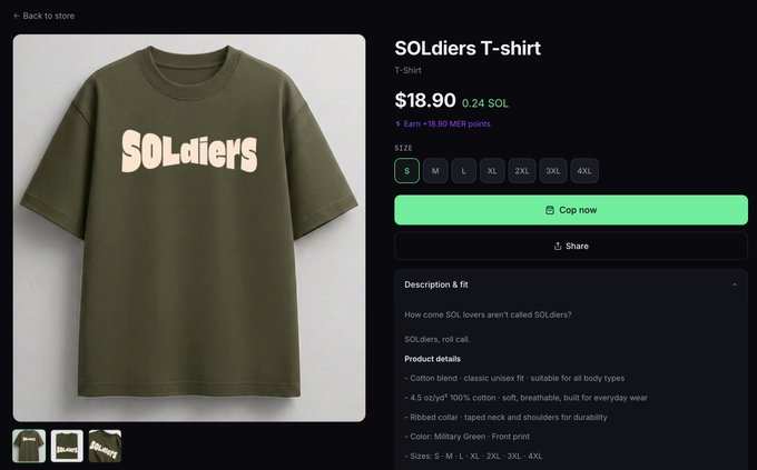 A product page from Merch's displays an olive green "SOLdiers" T-shirt priced at $18.90 (0.24 SOL), earning 16.60 MER points, available in sizes S–4XL with options to pay with SOL, USDC, or SKR as highlighted in the post promoting the on-chain Solana-inspired drop.