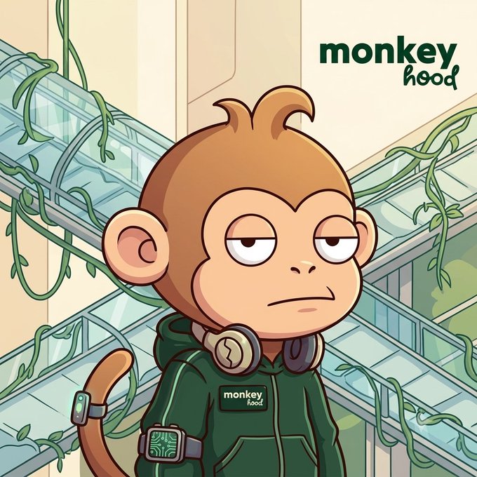 An animated illustration of a bored-looking monkey wearing a green hoodie with 'monkey hood' text, headphones, and a tech wristband.