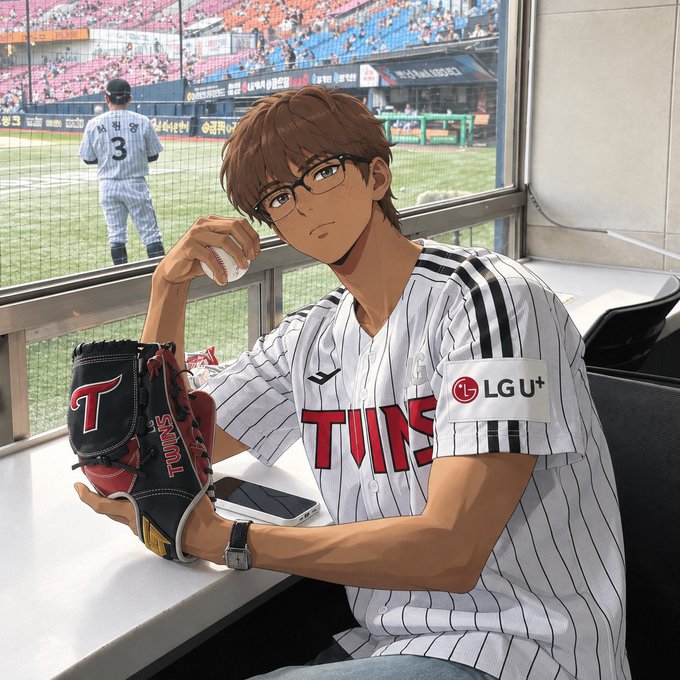 An anime-style illustration shows a brown-haired man with glasses wearing a pinstriped LG Twins baseball jersey (with "LG U+" sponsor patch) holding a ball and glove at a stadium, with "TWINS" visible on the glove. The image of strategic, precision-based sports connects metaphorically to the post's theme of "quantum-generated randomness" — framing it as a game-changing tool for developers, much like a well-timed pitch can change the outcome of a game.