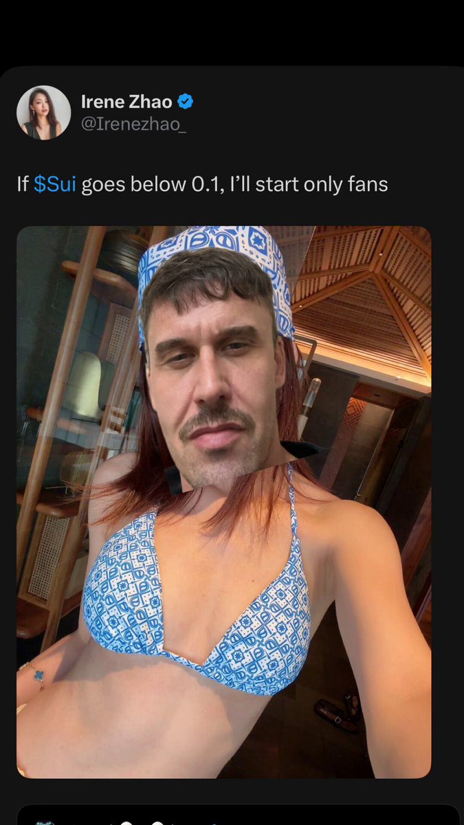 The image features a man wearing a bikini top, with his hair styled in a mohawk. He appears to be posing for a picture or making a funny face as he looks at the camera. The caption of the image includes a reference to a social media account that says "if $SUI goes below 0.1, we'll start only fans". This reference is likely meant to be humorous and lighthearted, as it seems to poke fun at the idea of someone promoting their account on social media.