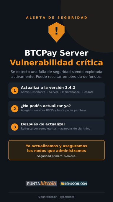 A Spanish-language security alert infographic for BTCPay Server warning of a critical vulnerability, advising users to update to version 2.4.2 and refresh their Lightning macaroons, branded with Puntabitcoin and Bemlocal.