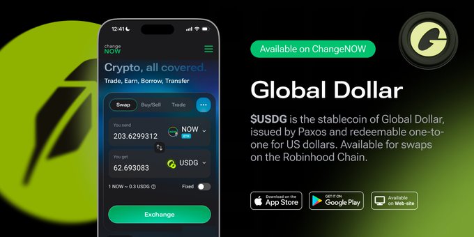 An advertisement for "Global Dollar" features the ChangeNOW app showing a NOW to USDG swap and describes $USDG as a stablecoin issued by Paxos.