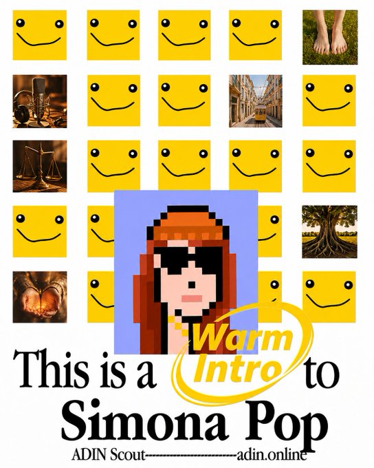 An intro graphic for 'Simona Pop' featuring a pixel art character with sunglasses surrounded by smiley face icons and various small photos, with text 'This is a Warm Intro to Simona Pop, ADIN Scout - adin.online'.