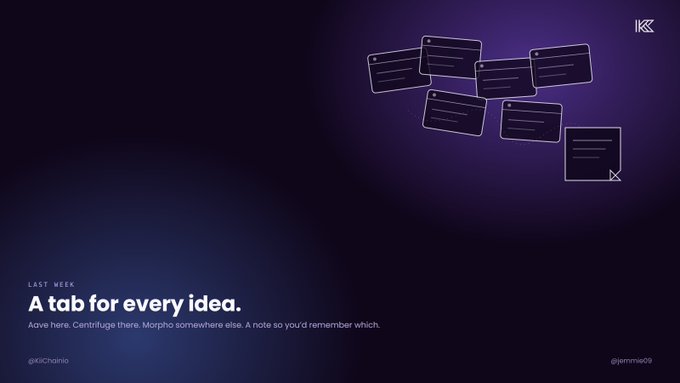 A dark purple-themed graphic titled "A tab for every idea" under the heading "LAST WEEK," featuring scattered browser tab icons in the upper right and text reading "Aave here, Centrifuge there, Morpho somewhere else. A note so you'd remember which," with handles "@KiiChainio" and "@jeremiaas09" at the bottom corners. The image visually illustrates the post's description of the fragmented, multi-tab workflow users previously needed to access Aave, Centrifuge, and Morpho across different chains and dashboards.