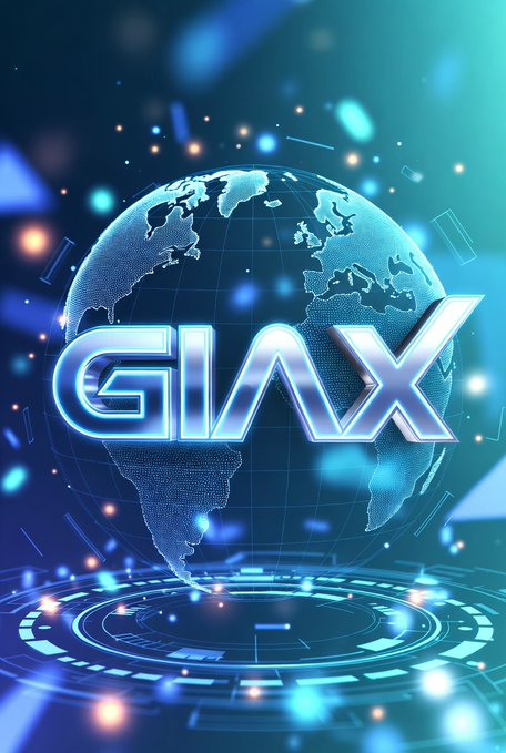 A futuristic blue digital globe with glowing grid lines, light flares, and a tech-inspired platform base is overlaid with the bold metallic letters "GIAX." The image visually reinforces the post about accumulating shares of the $GIAX ETF, evoking themes of global reach, stability, and long-term investment in contrast to the volatile HY ETF portfolio the author is moving away from.