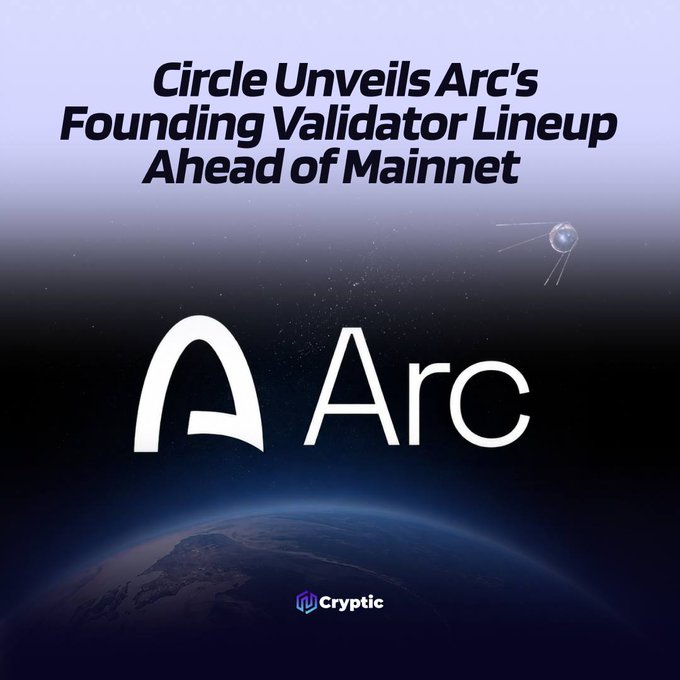 Promotional graphic featuring the Arc logo against a space-themed backdrop with the headline "Circle Unveils Arc's Founding Validator Lineup Ahead of Mainnet," announcing Circle's launch of the Arc blockchain network with major institutional validators including BlackRock, Mastercard, and Visa.
