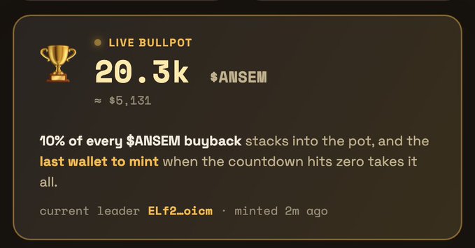 The image displays a "LIVE BULLPOT" showing 20.3k $ANSEM (approximately $5,131), where 10% of every $ANSEM buyback stacks into the pot and the last wallet to mint before the countdown hits zero wins it all, with the current leader being ELf2...oicm who minted 2 minutes ago. The graphics support the post's excitement about the Bull Pot exceeding $5,000 in $ANSEM value and the anticipation that one lucky bull will claim the entire jackpot.