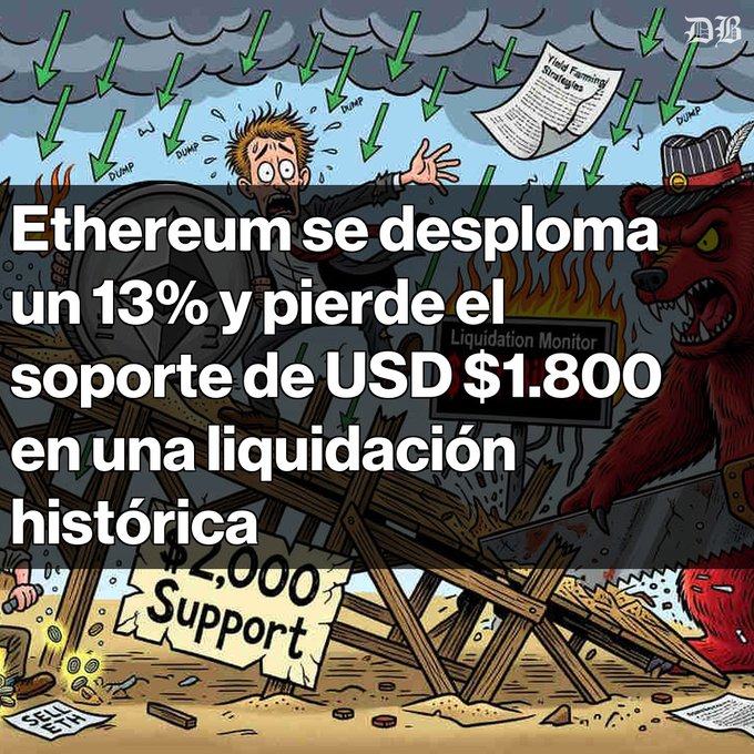 The image depicts a scene set within an office with two people standing at their desks. One person wears a red shirt and appears to be angry or stressed about something related to Bitcoin and Ethereum. The other person has a more neutral expression on their face, appearing to focus on work tasks. In the background, there is a large sign that says "Ethereum se desploma un 13.34% y alcanza USD $1,562 La criptomoneda pierde el soporte de USD $1,800 en una liquidación histórica. Más deUSD $1,200 millones en liquidaciones marcan la jornada. Capitalización de mercado cae a USB  $188.5 mil millones, un 68% desde su máximo". The image is related to the post that talks about Bitcoin and Ethereum, as it shows how people might be affected by these digital currencies in their daily lives or work environment.