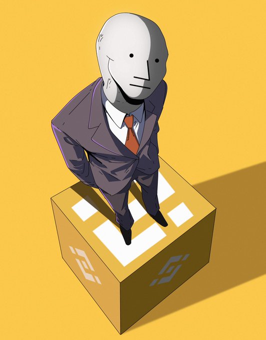 The image features a man dressed in a suit standing atop a yellow cube, which appears to be a box or a cuboid shape. The man's face is partially obscured by his mask, adding an element of mystery to the scene. In the background, there are some text elements that read "Wouldn't be surprised to see @binance list $NPC in the coming days". This suggests that the image might be related to a discussion or analysis about Bitcoin and cryptocurrency news, as indicated by the presence of the Bitcoin symbol within the frame.