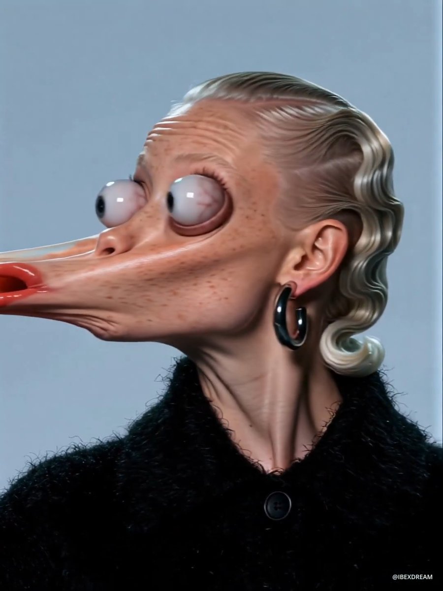 A surreal, distorted AI-generated portrait of a woman with blonde wavy hair, an elongated face, bulging eyes, and red lips, credited to @IBEXDREAM.
