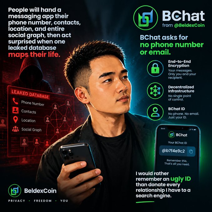 A BeldexCoin advertisement for BChat features a man holding a phone, promoting end-to-end encryption and decentralized infrastructure that doesn't require a phone number or email, contrasting this with traditional apps that map users' lives through leaked databases.