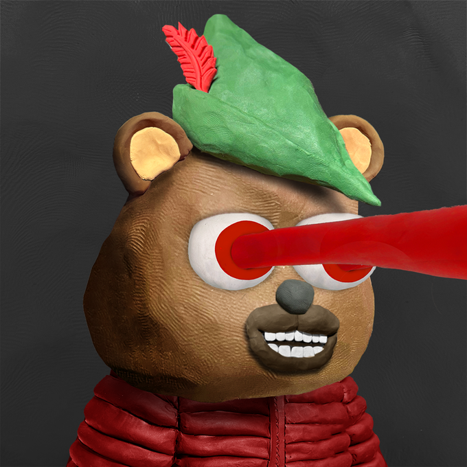 A bizarre bear character wearing a green Robinhood-style feathered hat and red jacket, with a long red Pinocchio nose extending across its face, representing a deceptive "memecoin" pitch. The image humorously illustrates the post's joke about an Uber driver being convinced to swap XRP for risky Robinhood memecoins based on a tall-tale sales pitch.