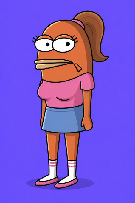 urnfish character from Spongebob Squarepants, dressed in pink and blue, with a ponytail and white socks, stands against a purple background.