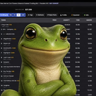 A large green frog, the Pepe meme character, is superimposed over a cryptocurrency meme coin trading tracker. The leaderboard lists tokens ranked by 24-hour volume, with top entries including 'PePe Unchained', 'Company', and 'Useless Coin'.