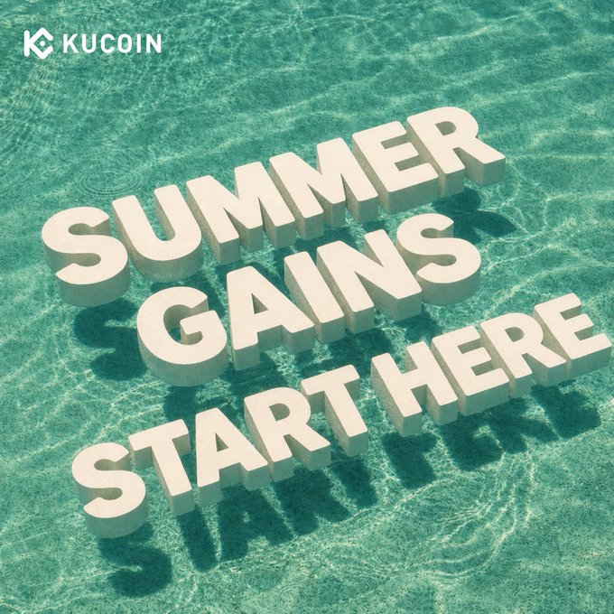 A promotional graphic featuring bold 3D white text reading "SUMMER GAINS START HERE" floating above turquoise pool water, branded with the KuCoin logo in the top left corner. The aquatic, summery visual perfectly complements the post's call-to-action encouraging users to sign up on KuCoin and trade to win rewards of up to 100 USDT through their Summer Splash campaign.