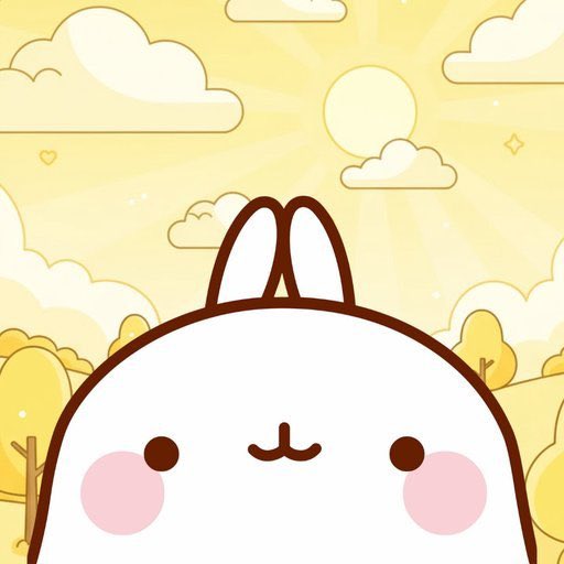 A cute cartoon illustration of a white rabbit with pink cheeks smiling against a yellow background with a sun, clouds, and trees.