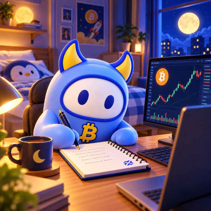 A cartoon blue hooded character with yellow ears and a Bitcoin logo sits at a nighttime desk writing in a notebook, while a monitor beside it displays a Bitcoin price chart with rising green candlesticks and a Bitcoin ticker marked "B." The cozy room setting, moonlit cityscape view, and crypto trading imagery reinforce the post's theme of a BTCC exchange giveaway and Bitcoin trading experience sharing contest.