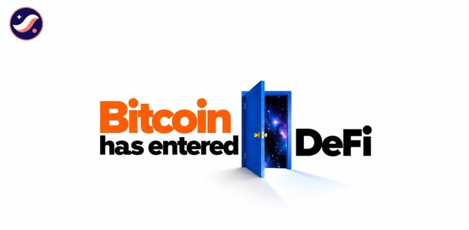 A graphic reading 'Bitcoin has entered DeFi' in orange and black text, separated by an illustration of an open blue door revealing a cosmic interior.