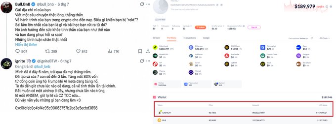 A social media post screenshot in Vietnamese with a wallet showing a balance of $189,979 and various cryptocurrency transaction details.