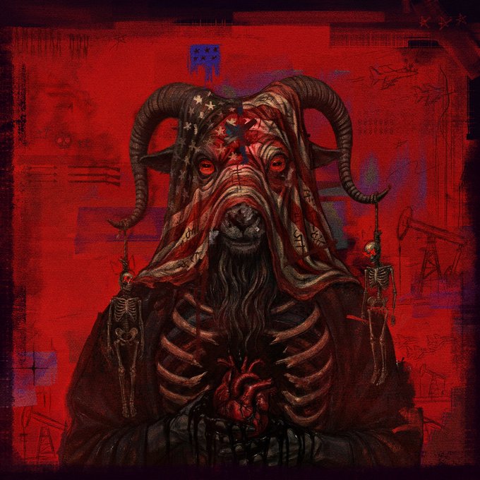 Dark surreal artwork of a horned goat-headed figure in an American flag hood, with a skeletal ribcage, exposed heart, and skeleton ornaments against a red background.
