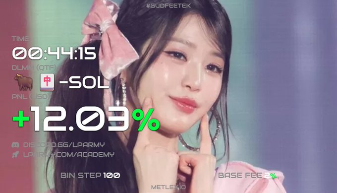 The image shows a young woman with long dark hair wearing a pink bow and earrings, overlaid with trading statistics including "00:44:15" timer, "-SOL" indicating a short position, and "+12.03%" profit percentage, alongside handles "@GUDFEETEK", "@DGG/LPARMY", and "LPARMY.COM/ACADEMY"—visually celebrating the profitable SOL trade mentioned in the caption.