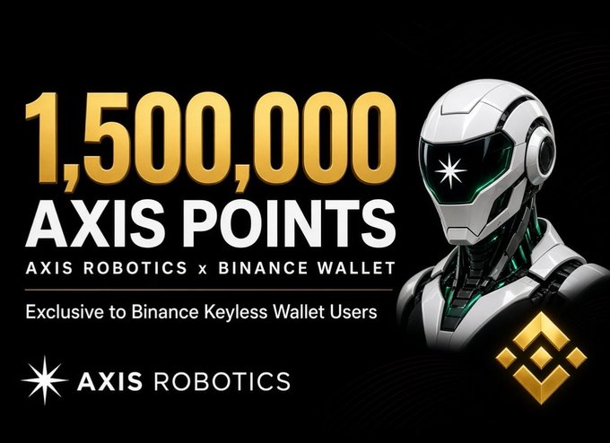 A promotional banner advertising 1,500,000 AXIS POINTS for Axis Robotics x Binance Wallet users, featuring a futuristic white robot head against a black background.