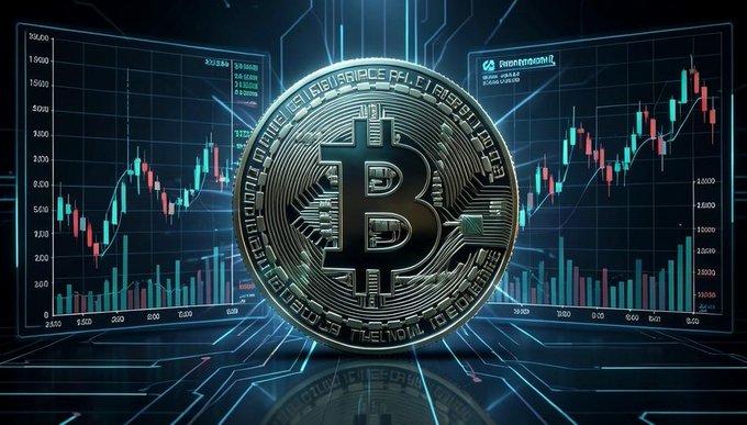 A digital illustration of a large Bitcoin coin in the foreground with cryptocurrency trading charts (candlesticks) displayed in the background on screens.