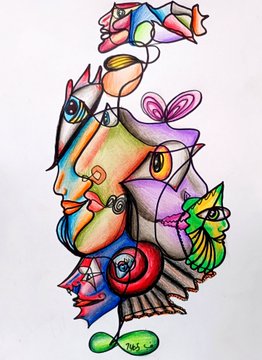 A colorful abstract drawing features an elongated profile of a face filled with vibrant, surreal patterns, creatures, and a small figure at the top, signed by the artist.