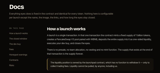 The image shows the docs section of eyes.family, explaining how a token launch works in a single transaction that mints 1 billion tokens, creates a PancakeSwap V3 pool with WBNB, and deposits the supply as liquidity—directly supporting the post's call to read the documentation for clarity on the Eyes launchpad.