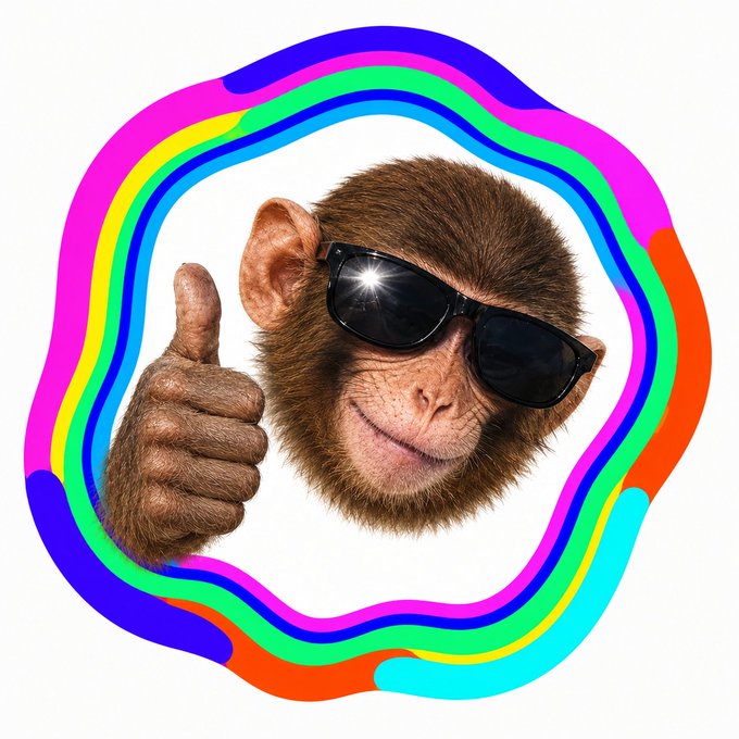 A cheerful monkey wearing black sunglasses giving a thumbs-up, framed by a colorful, swirling rainbow border design.