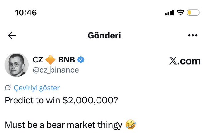 The image is a screenshot of an Instagram post. The text displayed on the photo is in black letters, which stands out against the white background of the image. The caption provides some information about the account owner, stating that they are a bear market thingy with a predicted outcome and possibly winning millions if they choose to play.