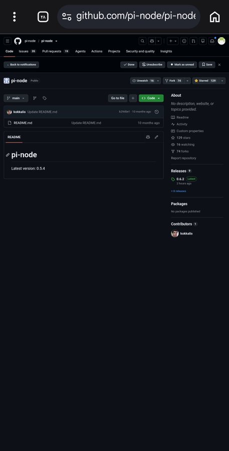 A screenshot of the GitHub repository page for 'pi-node' by user 'kokkalis', showing version 0.5.4 as the latest release.