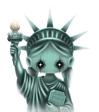 A statue of a crying Statue of Liberty figure holding a torch and a tablet inscribed with 'LAND OF THE FREE' in reverse, appearing as a dark, satirical art piece.