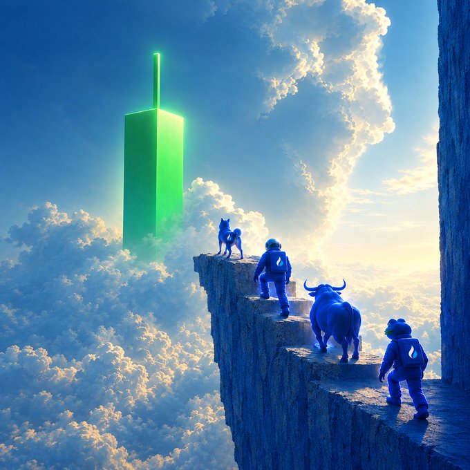 Three figures in spacesuits and their animal companions—a dog, a bull, and another creature—climb stone steps along a cloud-surrounded cliff toward a glowing green monolithic tower, mirroring the post's "there will be signs..." by depicting a surreal pilgrimage toward an otherworldly beacon emerging from the sky.
