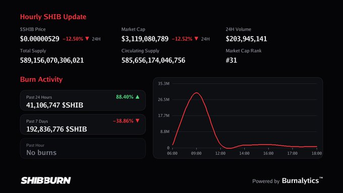 The image displays an "Hourly SHIB Update" dashboard showing SHIB at $0.00000529 (down 12.50%), with a market cap of $3,119,080,789, and notably showing "No burns" in the past hour under the Burn Activity section, which aligns with the accompanying post stating no burns were detected.