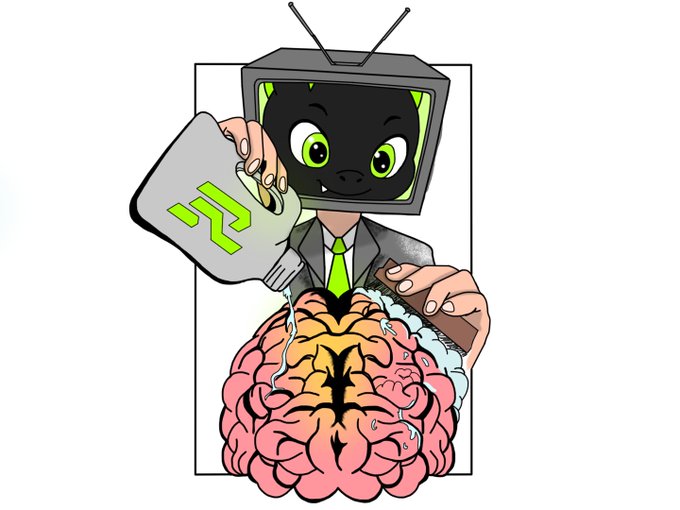 An illustration depicting a TV-headed character with cat ears pouring liquid onto a brain, with a 'WAGMI' logo visible.
