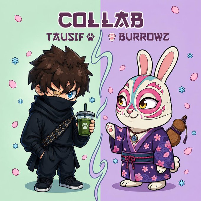 The image features two cartoon characters, a boy wearing a black outfit with a backpack and a girl dressed in a purple kimono holding a cup of tea. The text "collab" appears at the top of the image, while "tausif" is located below it. Below them are the names "Burrowsz" and "@BurrowzNFT". The characters appear to be collaborating on something or sharing a moment together.