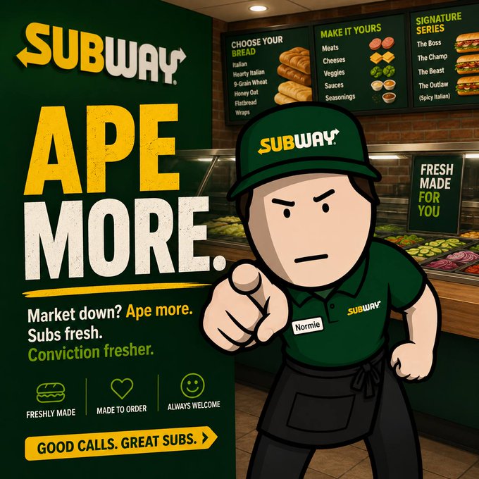 The image features a cartoon character dressed as an employee at Subway, pointing towards the poster with the words "Subway Ape More". The poster also includes information about the Subway app and offers a free download for iPhone users.