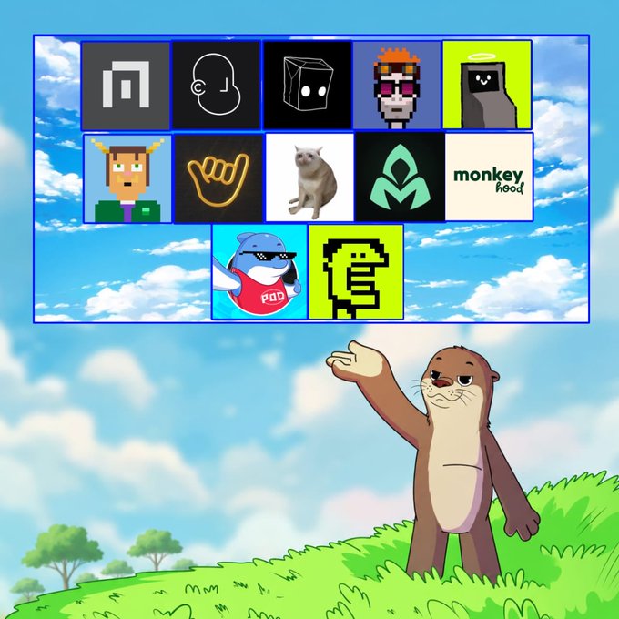 An otter character stands in a grassy field gesturing toward a grid of NFT project icons floating in the sky, including "monkey" with "hood" written below it, while a cartoon shark mascot wearing sunglasses and a "POD" shirt appears in the lineup. The collection of avatar-style artwork showcases various PFP (profile picture) NFT projects, fitting the post's announcement about handling collaboration phases for an NFT project called @kelpWeaversNft.